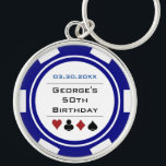 Birthday Poker Chip Vegas Theme Navy Blue White Keychain<br><div class="desc">This navy blue and white poker chip style keychain would make a perfect gift for either the birthday boy,  or,  for the whole party as a gift! Personalize your design with a name and birth date # in black in the center,  and your custom text in blue on top.</div>