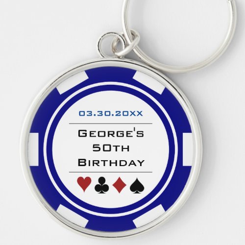 Birthday Poker Chip Vegas Theme Navy Blue White Keychain