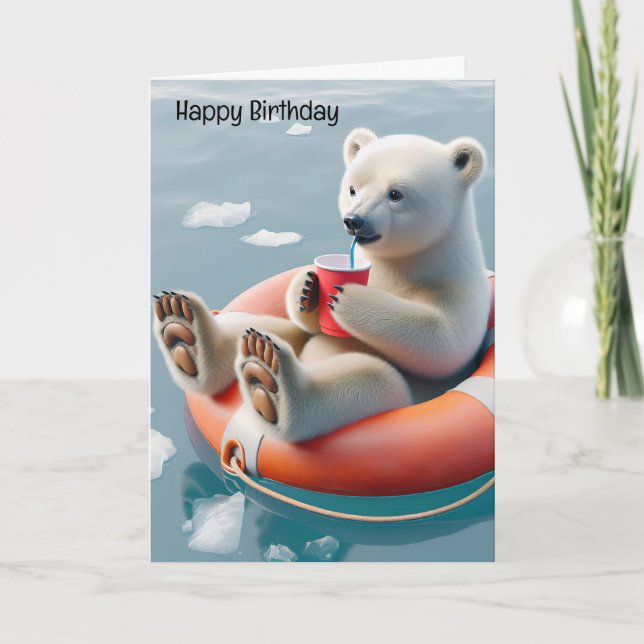 Birthday Polar Bear Sipping a Drink Card (Front)