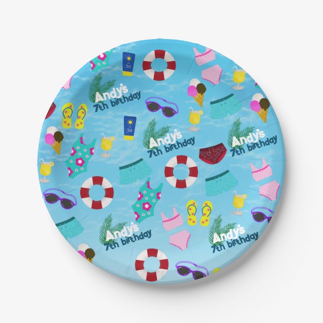 Birthday Pool Fun Party Pattern Paper Plates (Front)