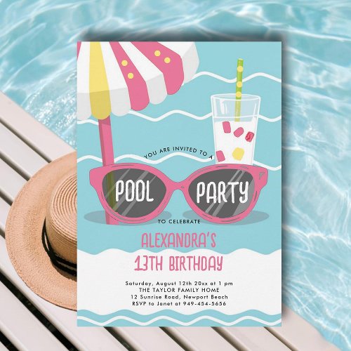 Birthday Pool Party Cute Pink Sunglasses Chic Teen Invitation