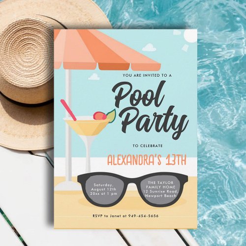 Birthday Pool Party Cute Sunglasses Teal Chic Teen Invitation