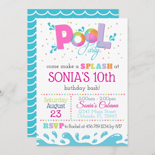 Birthday Pool Party Invitation Pink (Front/Back)