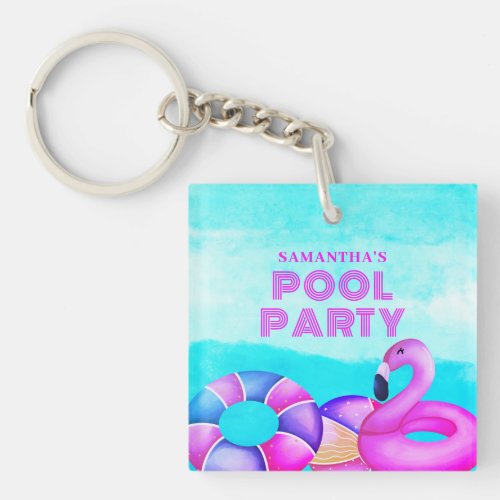 Birthday Pool Party Pink Flamingo Acrylic Keychain
