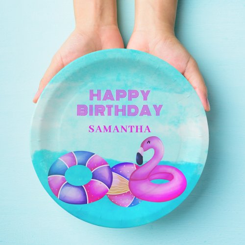 Birthday Pool Party Pink Flamingo Paper Plates