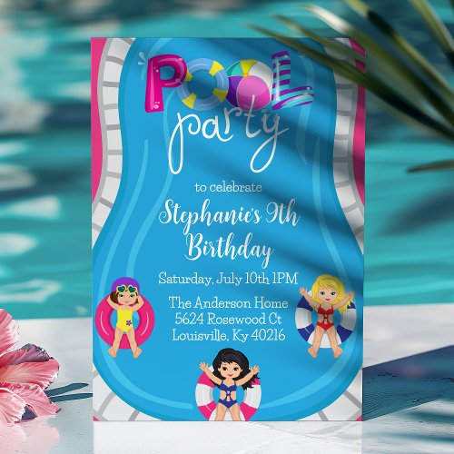 Birthday Pool Party Pink Girls Summer Invitation