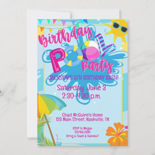 Birthday Pool Party Water Park Summer Birthday  Invitation