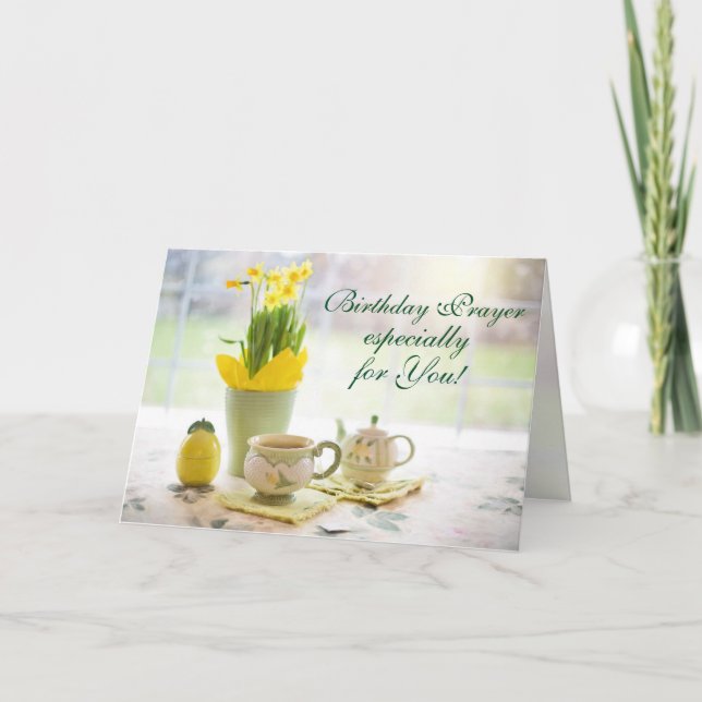 Birthday Prayer Scripture Tea Party and Daffodils Card (Front)