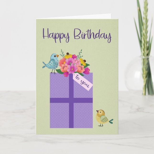 Birthday Present with Birds and Flowers Card (Front)