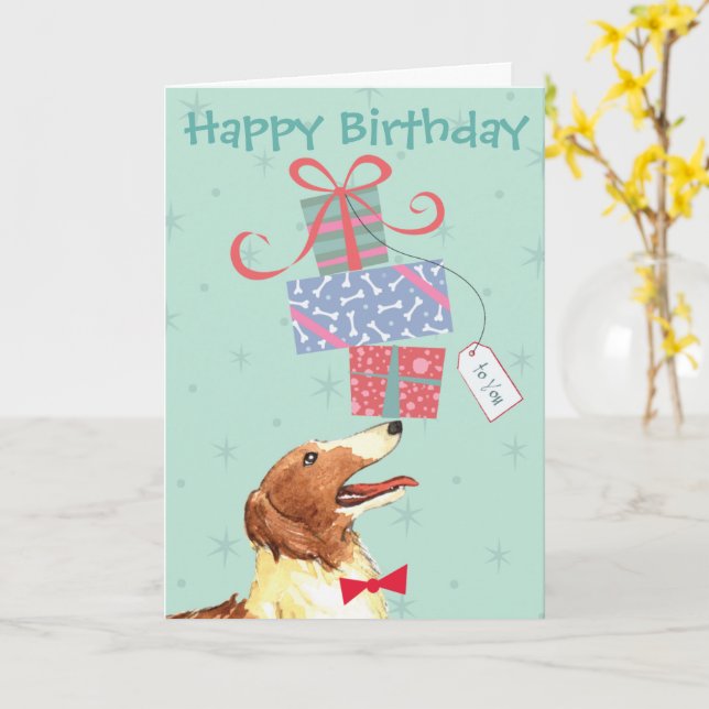 Birthday Presents Borzoi Card (Yellow Flower)