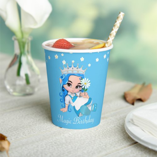 Birthday Princess Fairy and Flowers on Turquoise Paper Cups