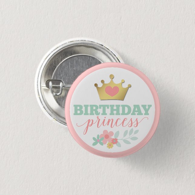Birthday Princess Gold Crown & Shabby Pink Floral Button (Front & Back)