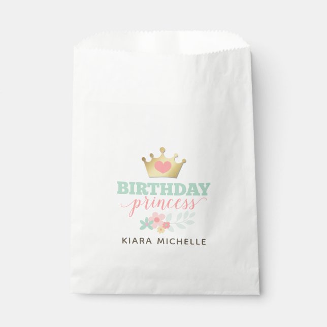 Birthday Princess Gold Crown & Shabby Pink Floral Favor Bag (Front)