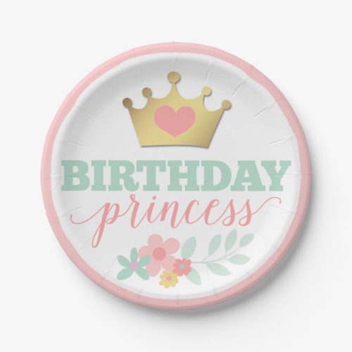 Birthday Princess Gold Crown  Shabby Pink Floral Paper Plates
