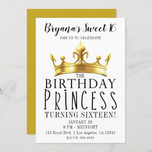 Birthday Princess Gold Crown Tiara Sweet 16 Party Invitation
