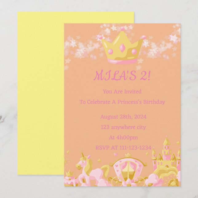 BIRTHDAY PRINCESS INVITATION PEACH COLOR (Front/Back)