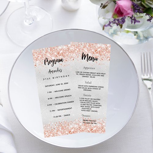 Birthday Progam Menu silver rose gold confetti