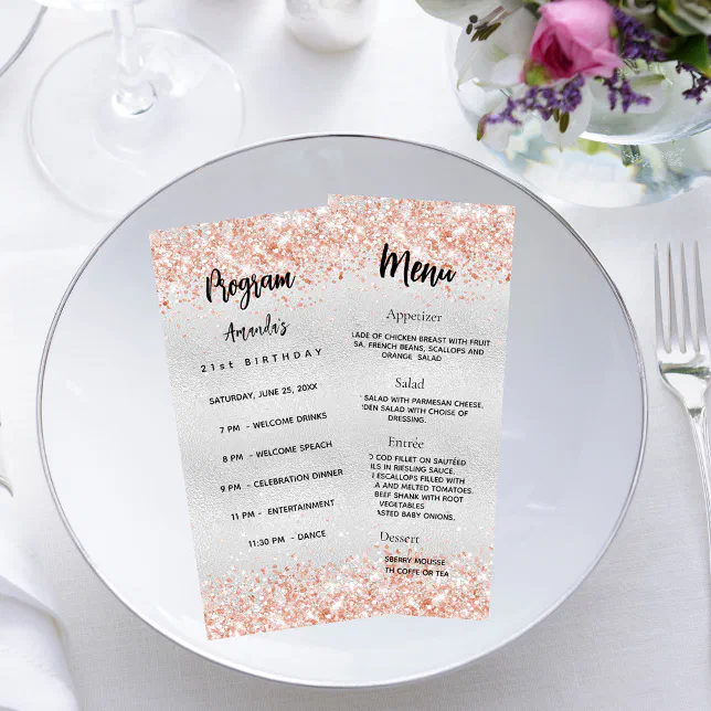 Birthday Progam Menu silver rose gold confetti | Zazzle