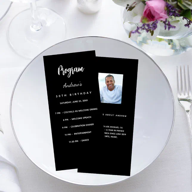 Birthday program black white photo fun facts | Zazzle