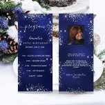 Birthday program blue glitter photo fun facts<br><div class="desc">Birthday party program.  Personalize and add a name,  age and your program. A navy blue background,  decorated with faux silver glitter dust.  The blue color is uneven. White colored letters.
Back: add a photo of the birthday girl,  fun facts and names.</div>