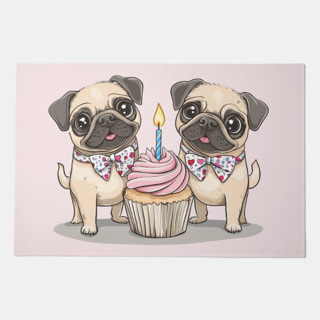 Birthday Pug Dogs Cupcake Doormat (Front)