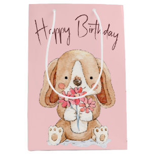 Birthday Puppy Dog with Flowers Medium Gift Bag