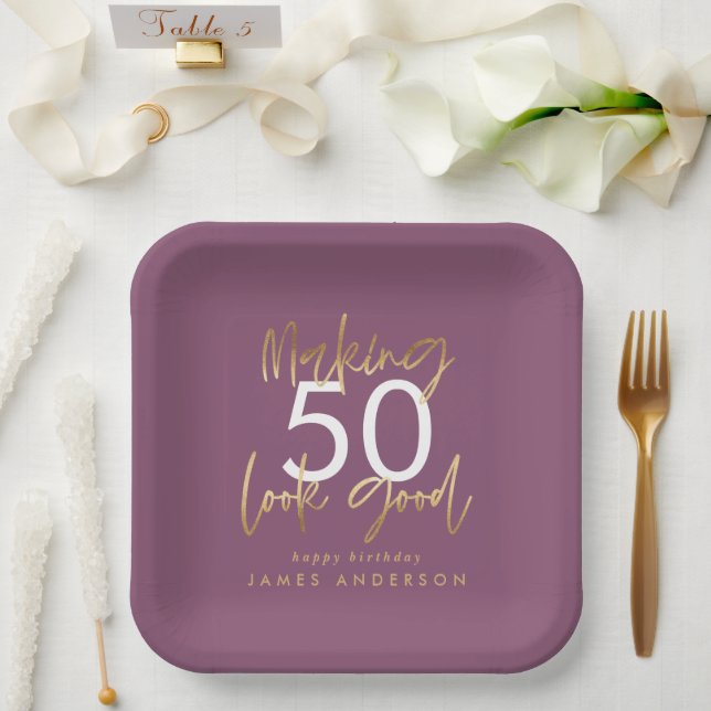 Birthday purple and gold simple elegant  paper plates (Wedding)