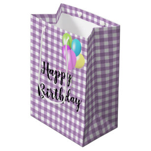 Birthday Purple and White Gingham Medium Gift Bag