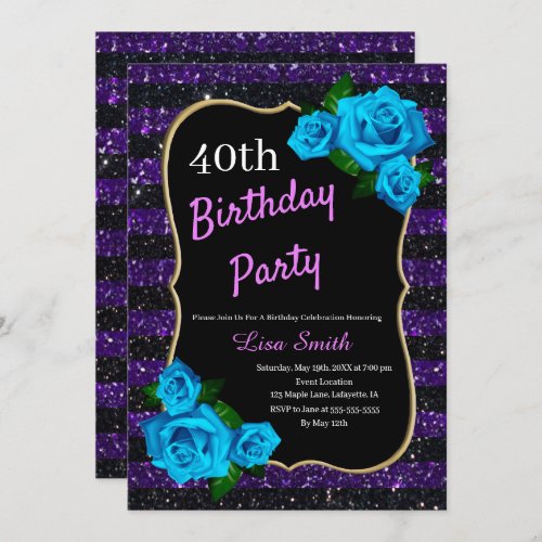 Birthday Purple Black Stripes Glitter Blue Roses Invitation