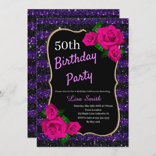 Birthday Purple Black Stripes Glitter Pink Roses Invitation