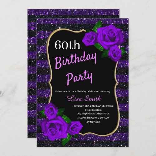 Birthday Purple Black Stripes Glitter Purple Roses Invitation