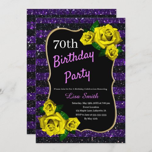 Birthday Purple Black Stripes Glitter Yellow Roses Invitation