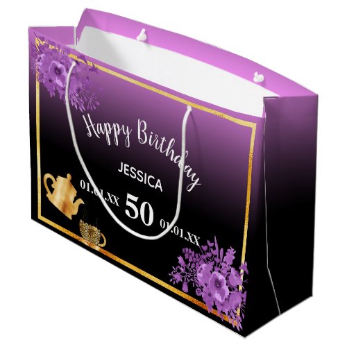 Birthday purple black tea party name large gift bag