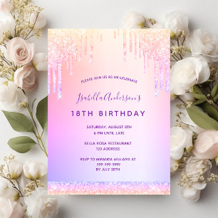 Birthday purple blush pink glitter drips postcard