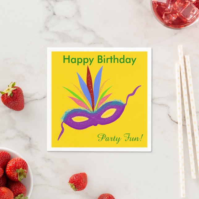 Birthday Purple Feathers Mask Mardi Gras Paper Napkins (Insitu)