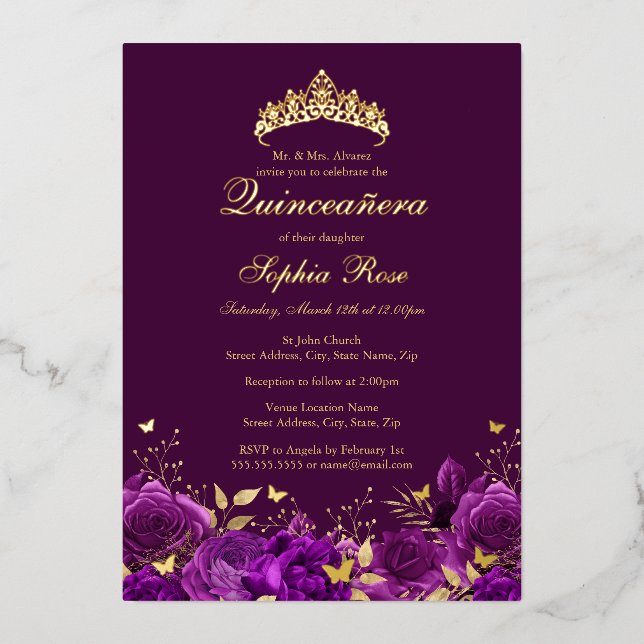 Birthday Purple Floral Butterfly Tiara Quinceanera Foil Invitation (Front)