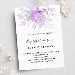 Birthday purple florals elegant silver invitation
