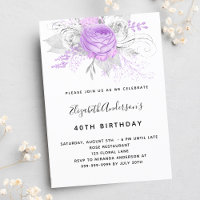 Birthday purple florals elegant silver invitation