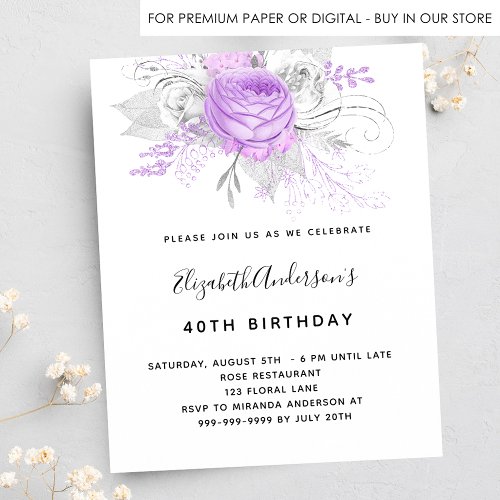 Birthday purple florals elegant silver invitation postcard