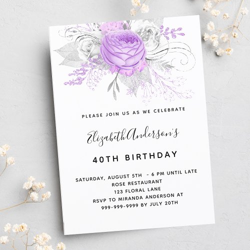 Birthday purple florals elegant silver luxury invitation