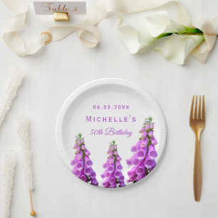 Birthday purple flowers white elegant paper plates