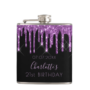 Birthday purple glitter black monogram friends flask