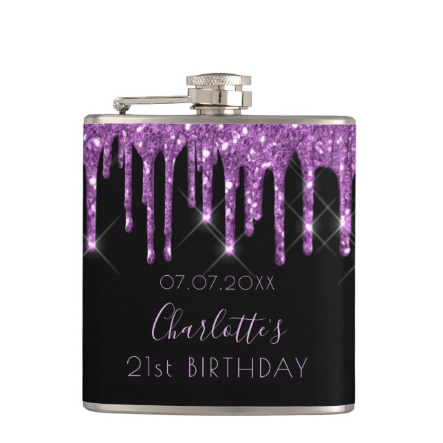 Birthday purple glitter black monogram friends flask (Front)