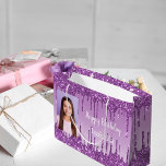 Birthday purple glitter drips 2 photo name large gift bag<br><div class="desc">A gift bag for a girly and glamorous (any age) birthday.  A purple gradient background with deep purple faux glitter drips,  paint dripping  look. White hand lettered style script and the text: Happy Birthday. Personalize and add 2 different photos,  name.</div>