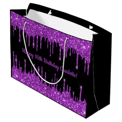 Birthday purple glitter drips black monogram large gift bag