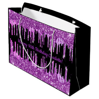 Birthday purple glitter drips black pink monogram large gift bag