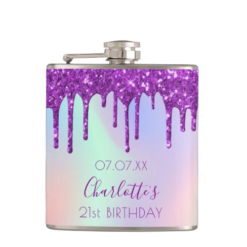 Birthday purple glitter drips holographic name flask