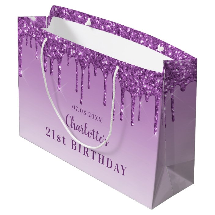 Birthday purple glitter drips monogram luxury large gift bag