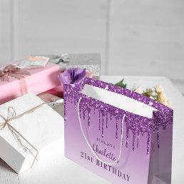 Birthday purple glitter drips monogram luxury large gift bag