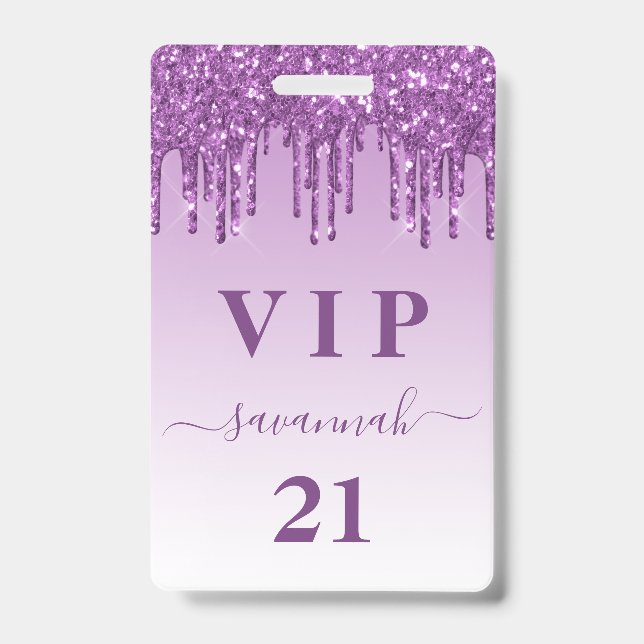 Birthday purple glitter drips monogram luxury vip  badge (Front)